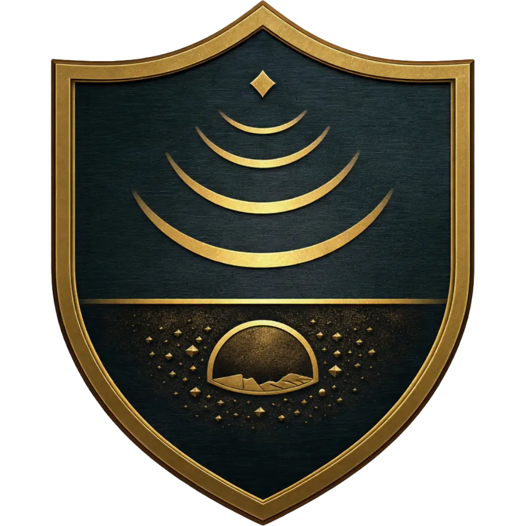 Blason Géoradar GPR — Investigation géophysique du patrimoine Perceval Investigations Blason représentant un géoradar (GPR) détectant des structures enfouies, symbole du service d'investigation géophysique du patrimoine de Perceval Investigations