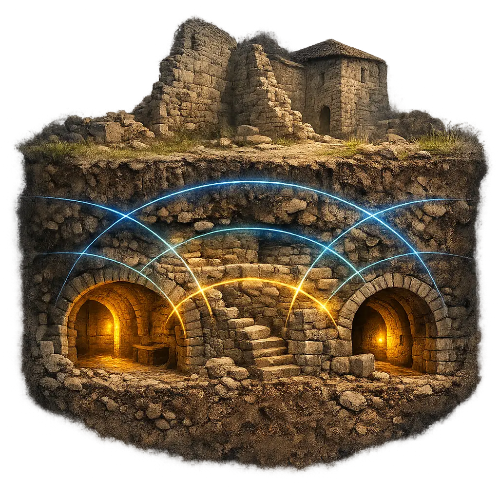 Une pratique encadrée et responsable Illustration d’une analyse du sous-sol par géoradar montrant des cavités, tunnels et structures enfouies sous un bâtiment ancien