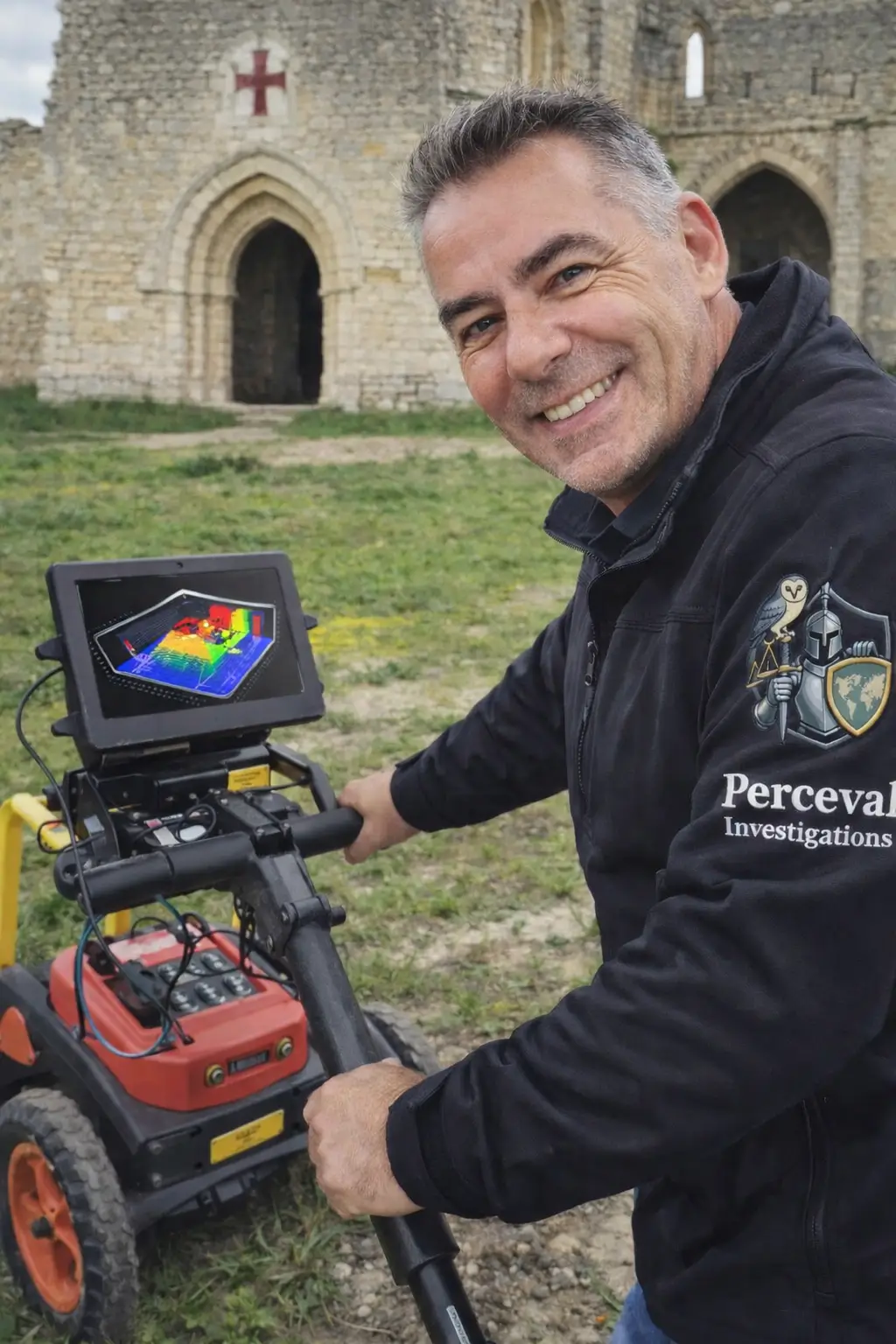 Investigation géophysique par géoradar (GPR) pour détecter structures enfouies - Cyril Bakir Technicien utilisant un géoradar GPR pour analyser le sous-sol d’une propriété ancienne et détecter cavités et structures enfouies