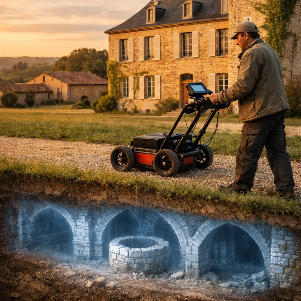 Investigation géophysique par géoradar (GPR) pour détecter structures enfouies Technicien utilisant un géoradar GPR pour analyser le sous-sol d’une propriété ancienne et détecter cavités et structures enfouies